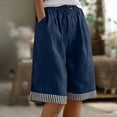 thumbnail image 4 of Cotton Linen Long Shorts for Women Baggy Knee Length Bermuda Shorts Casual Wide Leg Elastic Waist Lounge Shorts with Striped Trim, 4 of 9