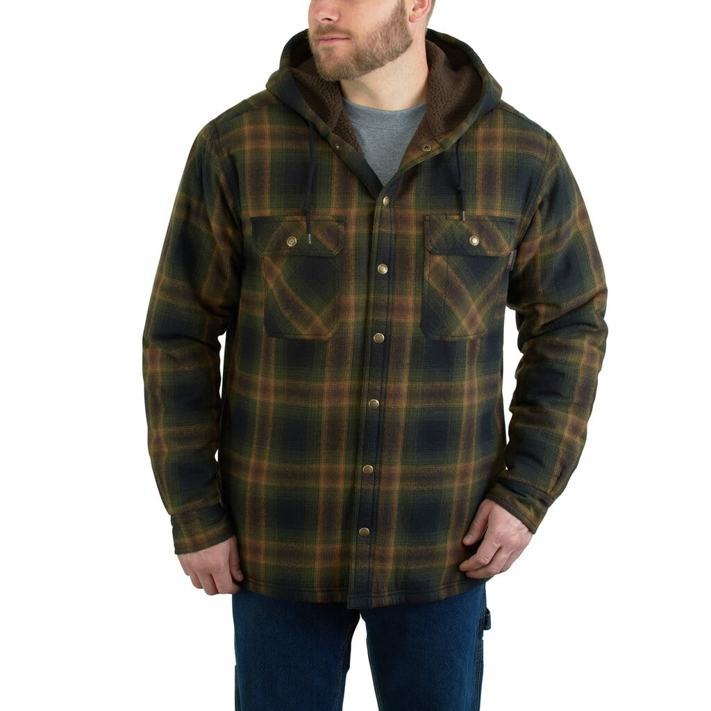 Men's Wolverine Byron Hooded Plaid Flannel Shirt Jacket Dark Olive