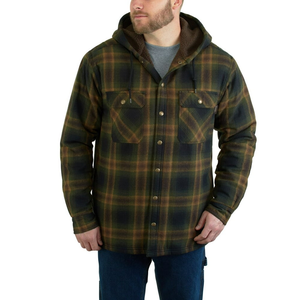 Men's Wolverine Byron Hooded Plaid Flannel Shirt Jacket Dark Olive ...