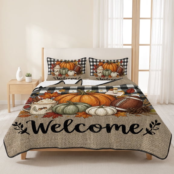 3 Pieces Queen Quilt Set,Welcome Text Thanksgiving Pumpkin Soft Bedding Sets with 1 Quilt&2 Pillow Shams,Fall Leaf Football Buffalo Plaid Summer Bedspread Lightweight Coverlet Comforter