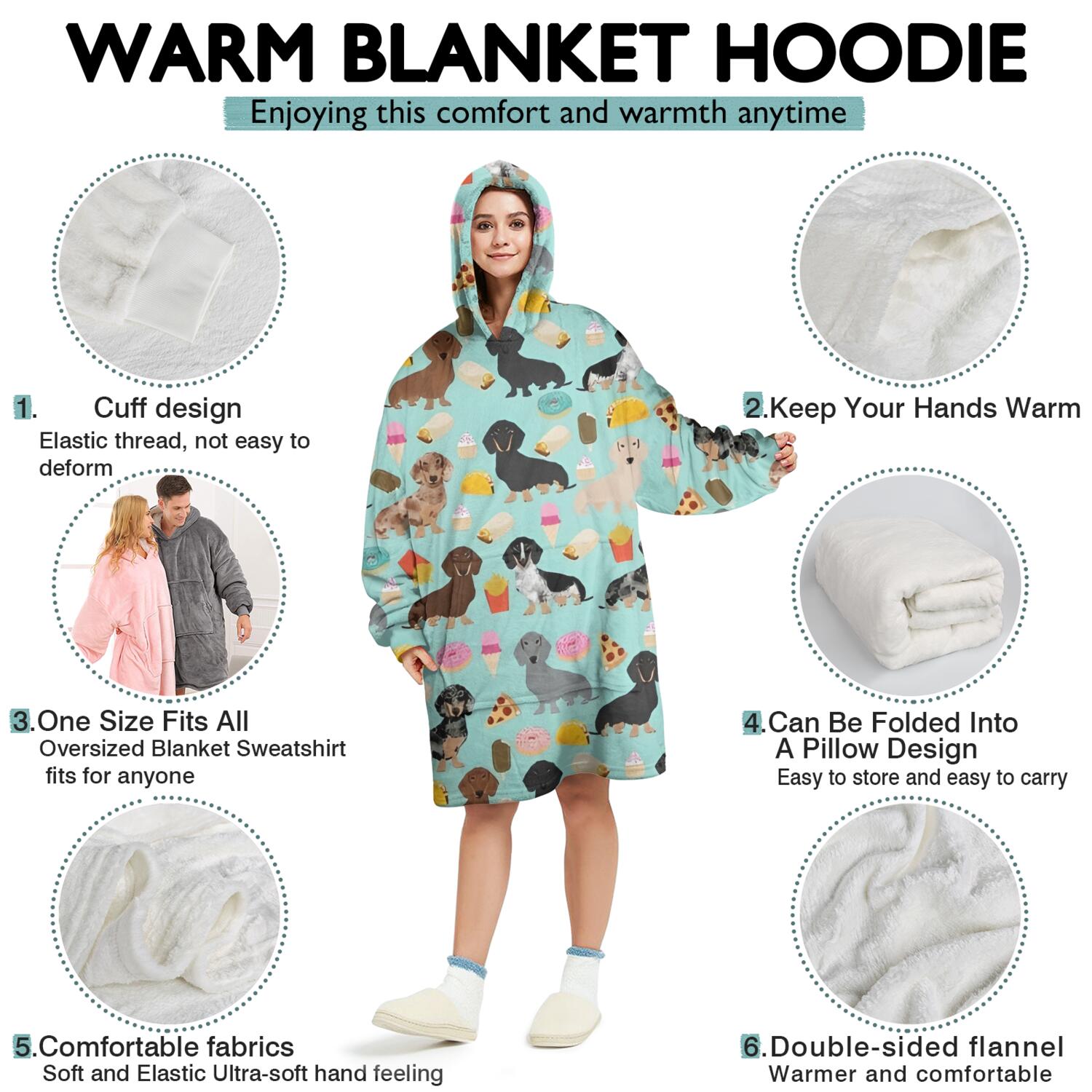 Dachshund Dog and Pizza Wearable Oversized Blanket,Wearable Blanket Hoodie for Adults,Cozy Hooded Blankets with Super Pockets,Super Warm Fuzzy Pullover for Women & Men