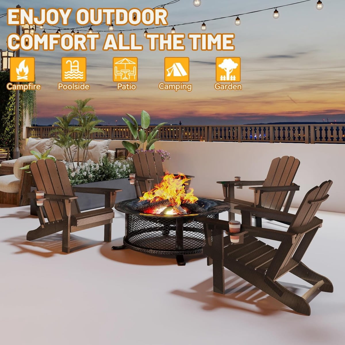 TOPCOMFY Adirondack Chair Folding All-Weather HDPE Plastic Outdoor Patio Lawn Fire Pit Seating with Cup Holder Brown