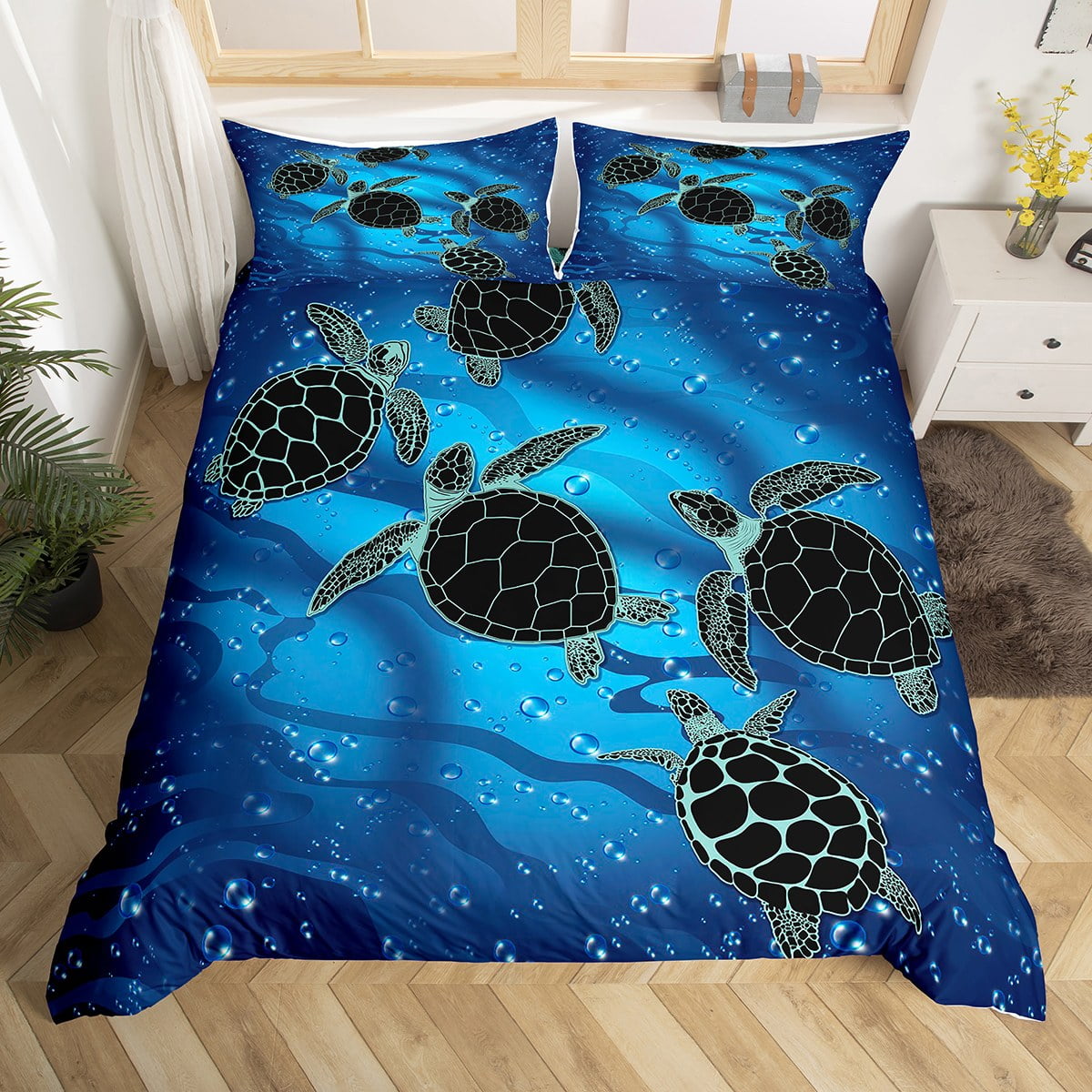 Sea Turtles Bedding Set Navy Blue Ocean Duvet Cover for Teens Boys