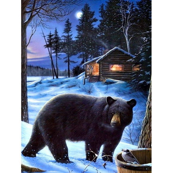 nipocaio 5D Diamond Painting Winter Bear Bird Cabin Full Drill By Number,DIY Rhinestone Pasted Painting With Diamond Set Arts Crafts Decorations(12"x16")