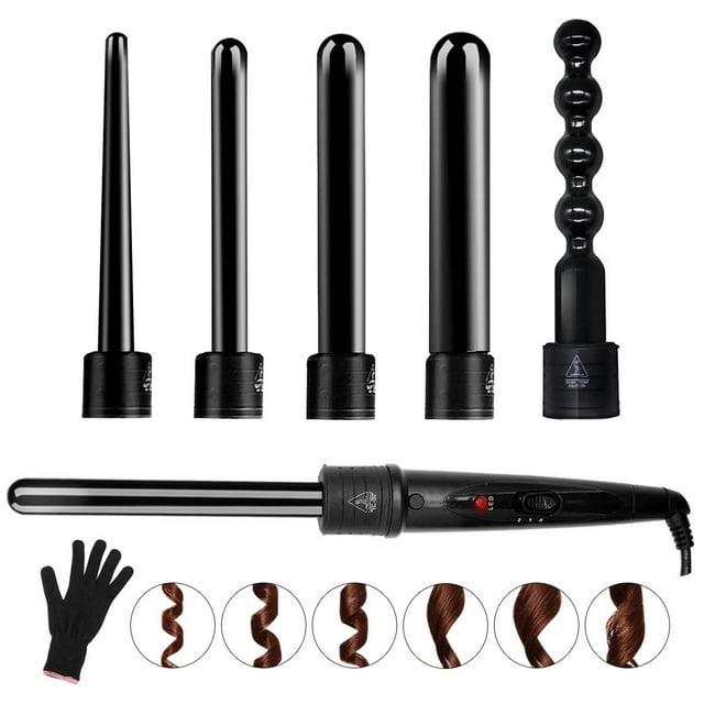 6 In 1 Curling Wand Set, Dual Voltage Design With Interchangeable Tourmaline Ceramic Barrels, Heat Resistant Glove Included, Rapid Heat Up And Safe To Use
