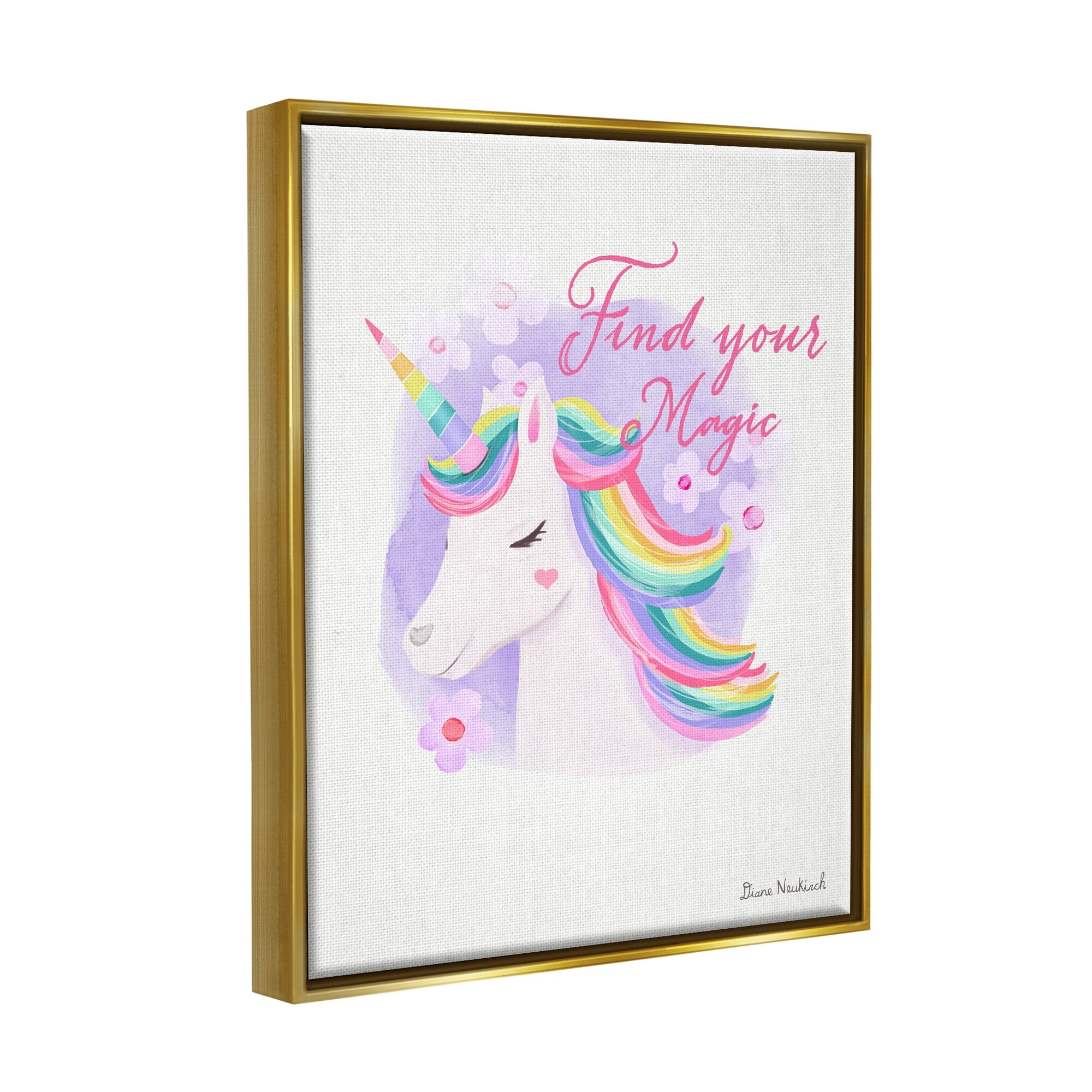 Stupell Industries Find Your Magic Bold Rainbow Floral Unicorn Mane Graphic Art Metallic Gold Floating Framed Canvas Print Wall Art, Design by Diane Neukirch