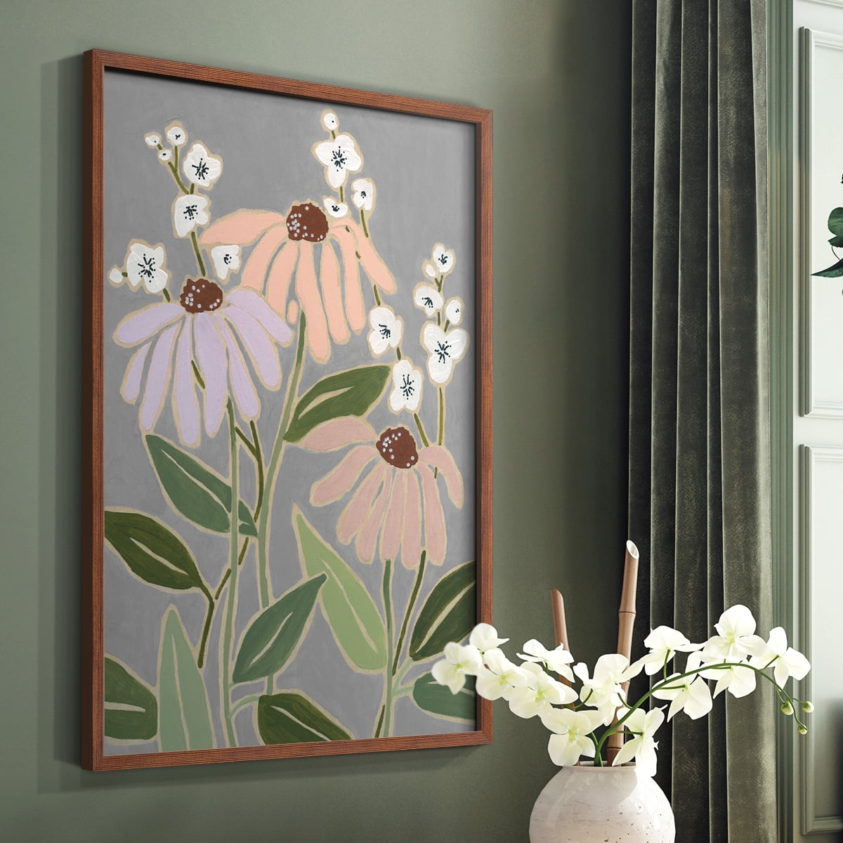 Woodblock Floral I Framed Print - Solid Wood in Single Picture Frame Solid Wood 2 Framed Print