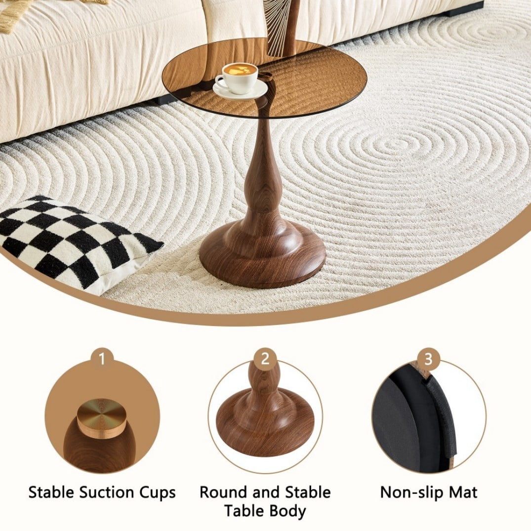 19.6" Round Side Table, Brown Tempered Glass Top with Walnut Metal Base, Modern End Table, Nightstand, Sofa Table for Living Room Bedroom