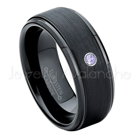 Solitaire Tanzanite Ring - 8mm Brushed Black Mens Tungsten Ring - 0.07ct Solitaire Tanzanite Ring - Personalized Tungsten Wedding Ring - Custom Made December Birthstone Ring TN083BS
