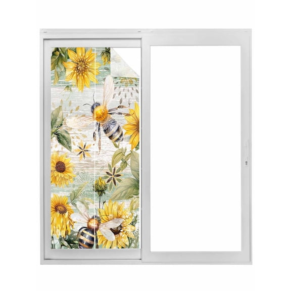 Sunflower Bee Window Privacy Film, Vintage Summer Botanical Farmhouse Static Cling UV Sun Blocking Tint Film Heat Control Windows Films for Bedroom Bathroom, Window Stickers 17.7"x39.3"