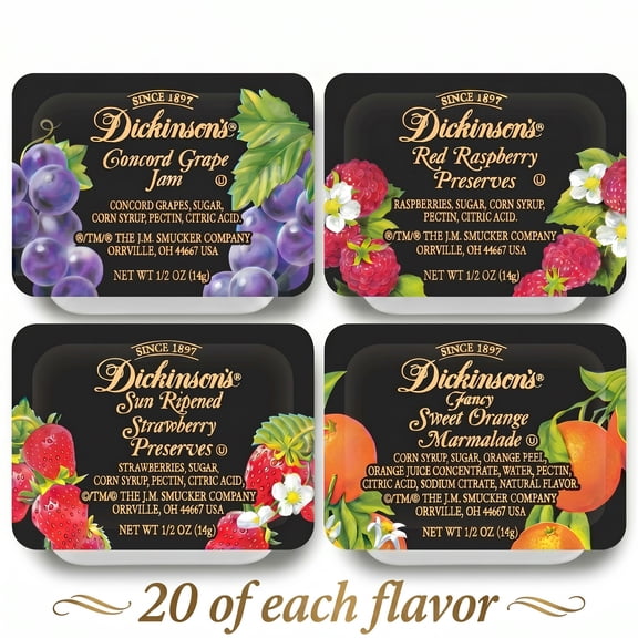Dickinson's Variety Pack Includes Jam, Marmalade, & Preserves | 4 Unique Flavors | 80 Count