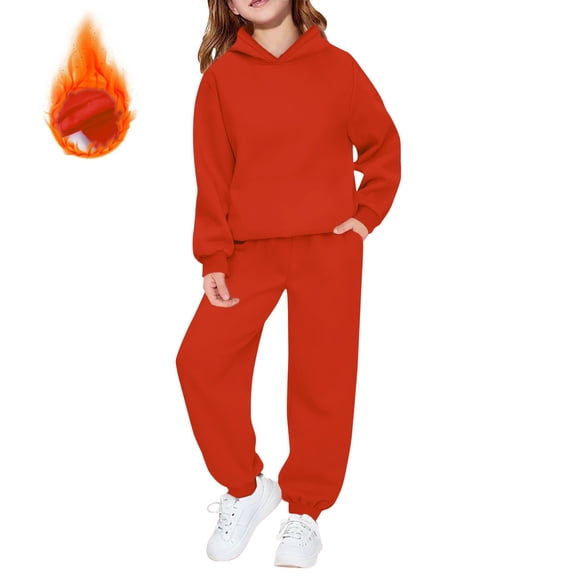 XIMIN Boys and Girls Velvet Sweatsuit Set, Athletic 2 Piece Outfit with Preppy Hoodie and Sweatpants, Fall Winter Warm Tracksuit (Orange, 11-12 Years)