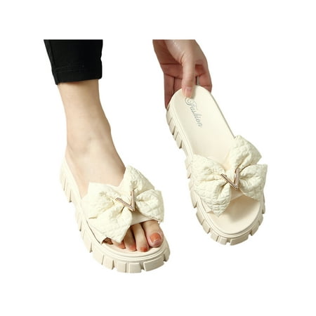 

UKAP Women Slides Slip On Waterproof Sandals Summer Platform Sandal Comfort Open Toe Casual Shoes Womens Bow Fashion White V 5.5