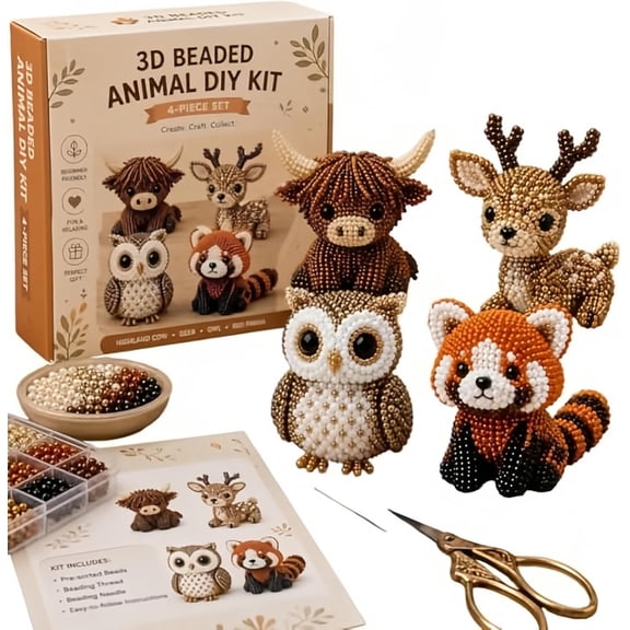 3D Beaded Animal Kit, 4-Pack DIY Beading Kit for Adult, Handmade 3D Animal Kit for Beginner, Cute Craft Set for Home Decor