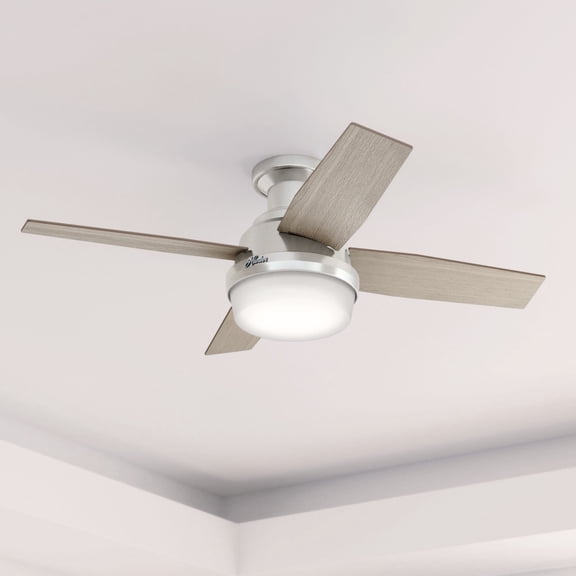 Hunter 44 inch Indoor Ceiling Fan with LED Light and Remote Control - Grey Modern Ceiling Fan, Low Profile Mount, 4 Blades, For Bedroom, Living Room, or Kitchen, Quiet - Dempsey 50282, Brushed Nickel