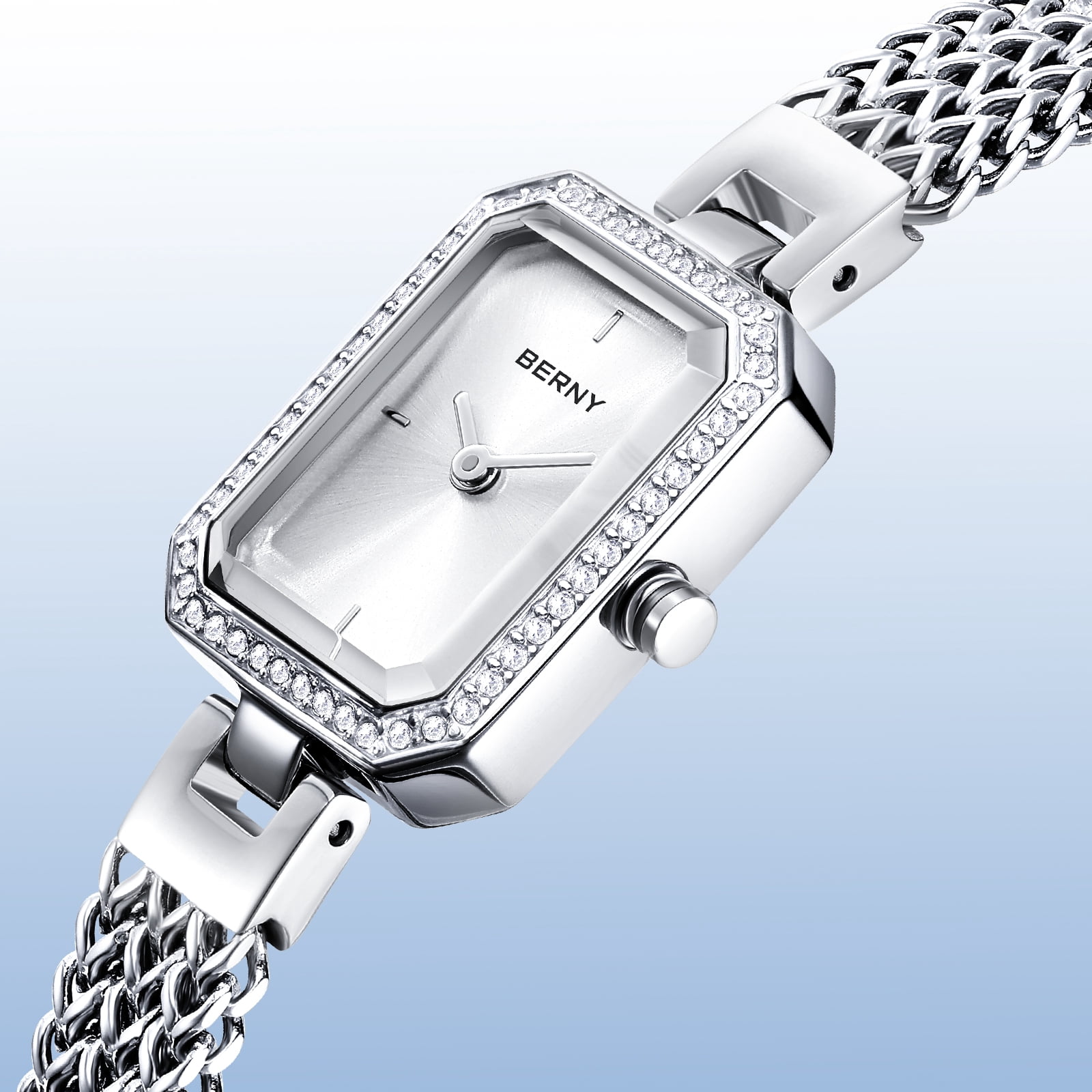 BERNY Silver Watches for Women, Dainty Rectangle Ladies Quartz Wrist Watch with Stainless Steel Bracelet Band, Waterproof Fashion Analog Women Watch Luxury Gift, Silver