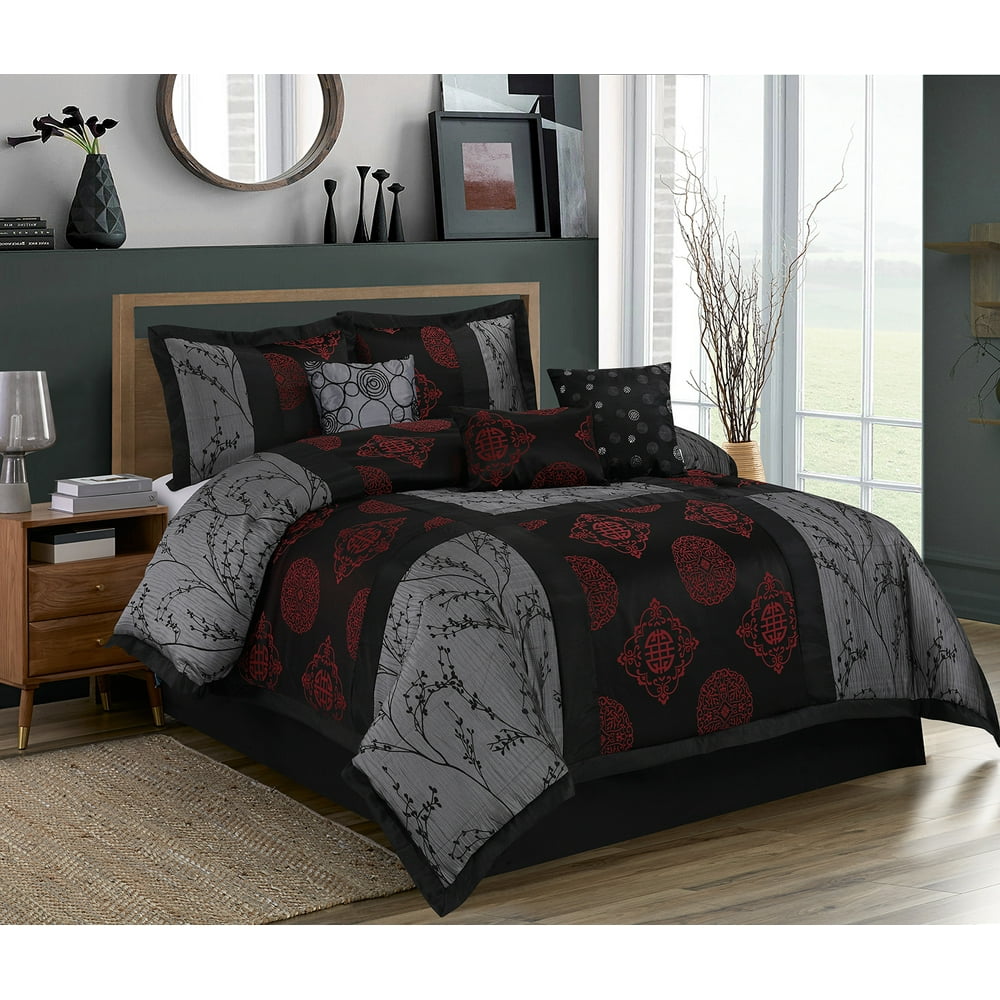 HIG 7 Piece Burgundy Patchwork & Jacquard Queen Size Comforter Set