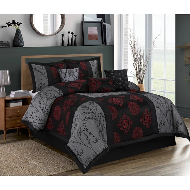 HIG 7 Piece Burgundy Patchwork & Jacquard Queen Size Comforter Set