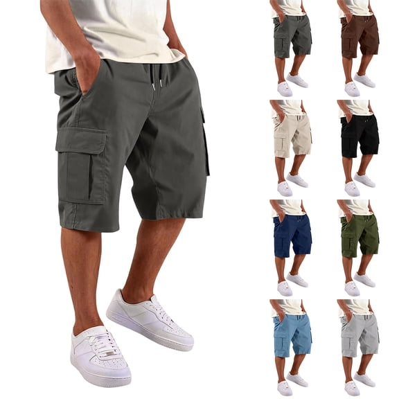 Homeyce Mens Cargo Shorts Below Knee Elastic Waist Shorts Long Capri Below the Knee Big and Tall Cargo Short Pants Multi-Pocket Running Joggers Outdoor Casual Pants,Brown XL
