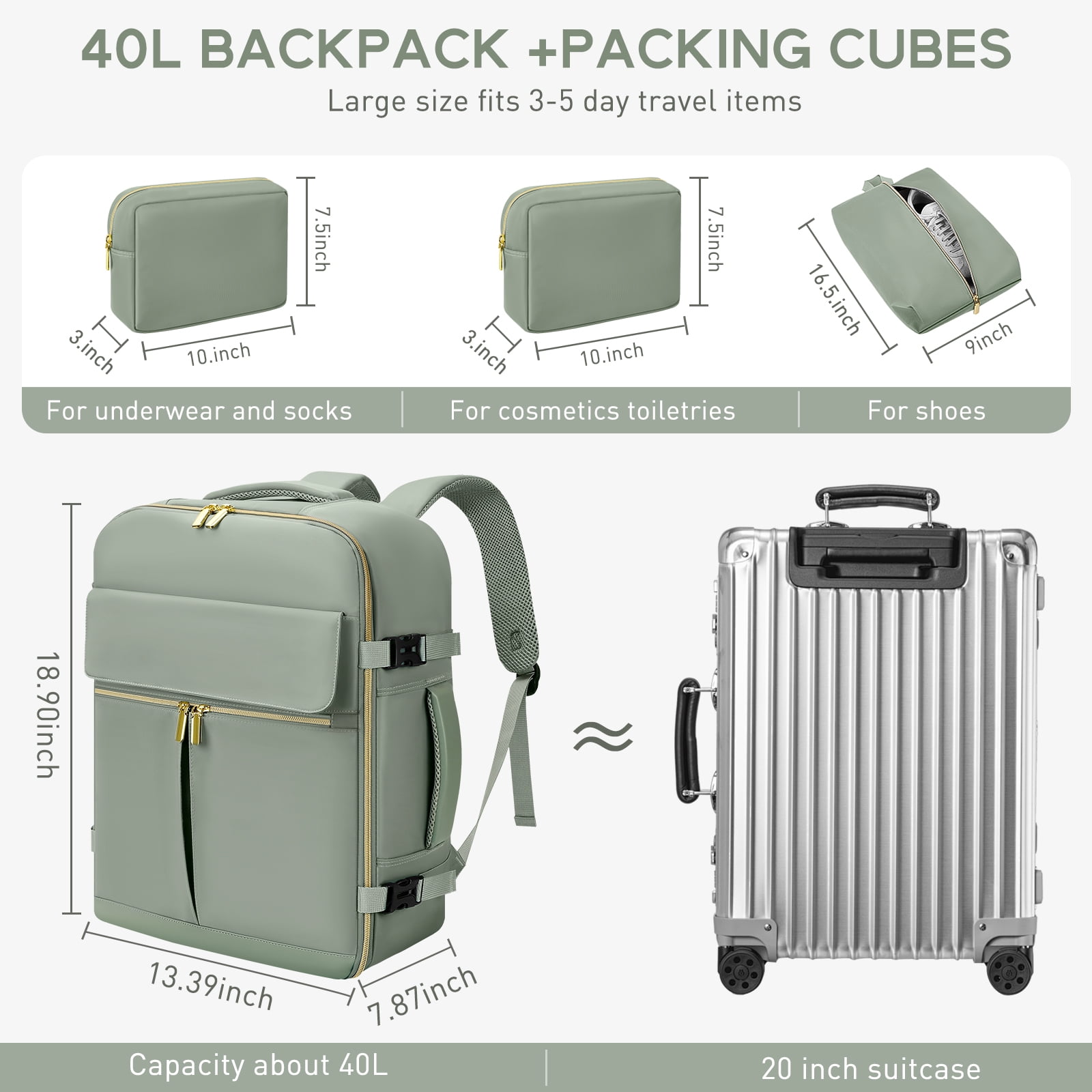CshidWorld Travel Backpack for Men Women, Airplane Approved Carry on Backpack with 3 Packing Cubes, 40L Travel Bag Fits 17inch Laptop, Travel Essentials Backpack for Weekender Business Hiking, Green