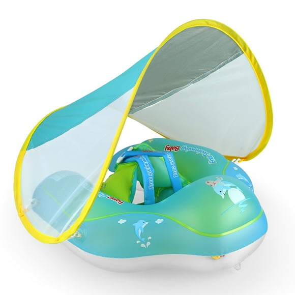 Swimbobo Anneau de Natation Ajustable pour Bébé avec Pare-Soleil Détachable pour Amusement Aquatique (Motifs Anglais Aléatoires) - Taille L