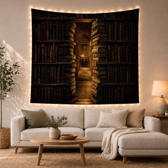 Grand Library with Tall Bookshelves and Golden Archway, Cozy Vintage for Book Lovers, Scholarly Decor, Graduation Gift, Tapestry Wall Hanging for Home Library and Study Room