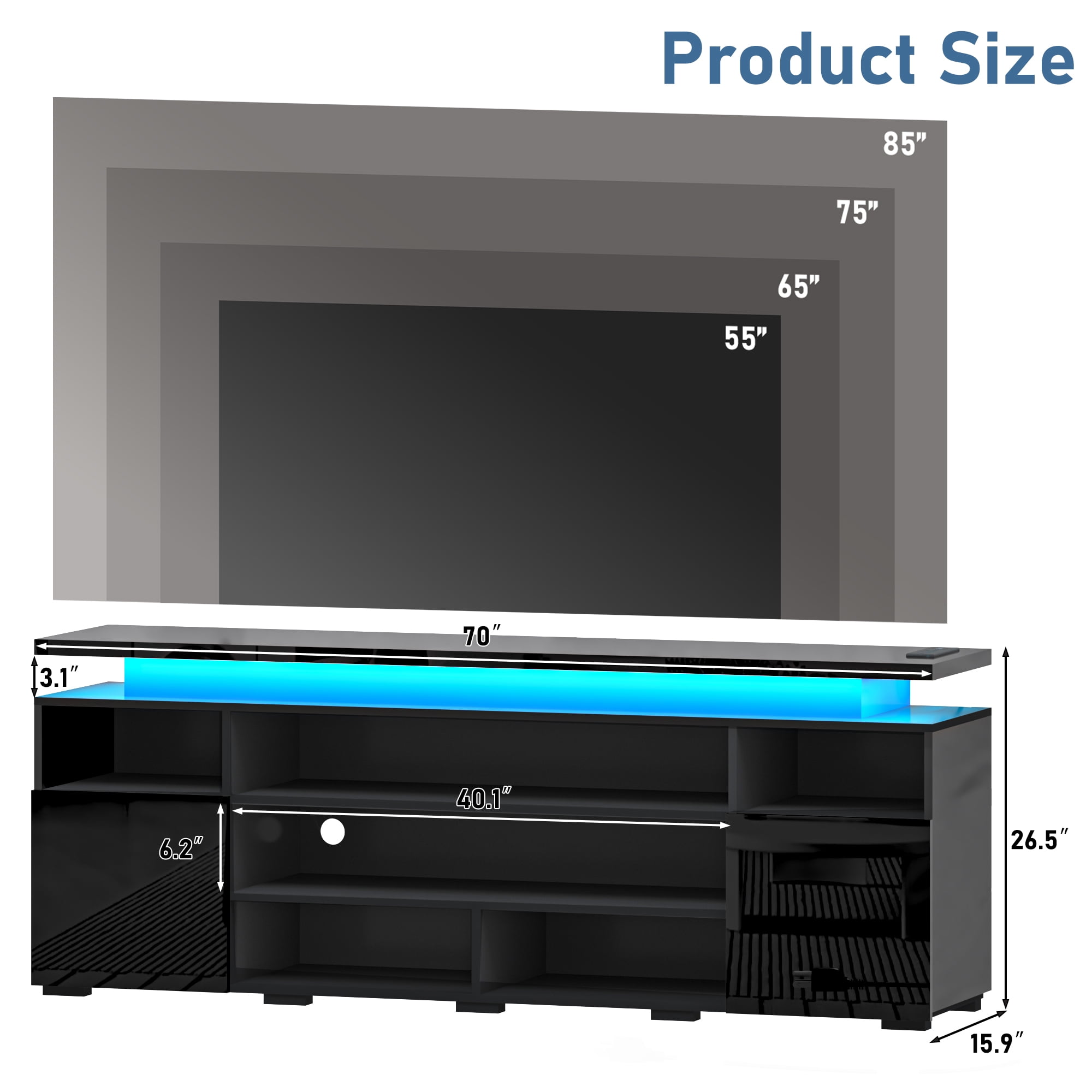 ANPOO LED TV Stand for TVs up to 80",Entertainment Center with Power Outlet,Modern Floating Gaming Media Console with Open Shelves and 2 Storage Cabinets,Black