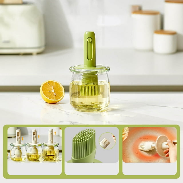 Glass Oil Bottle with Brush for Cooking Baking Barbecue Drizzling and Basting High Temperature Storage for Kitchen Use - Glass Oil Jar with Integrated Brush