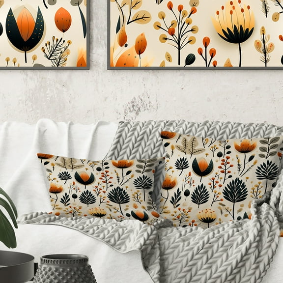 Designart "Beige and Black Meadow Botanics" Floral Printed Throw Pillow
