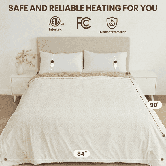 MARNUR Heated Blanket Queen Size Electric Blanket with Dual Controllers, White Jacquard Faux Fur and Sherpa, 10H Timer & 10 Heat Levels, Machine Washable, 84"x 90"