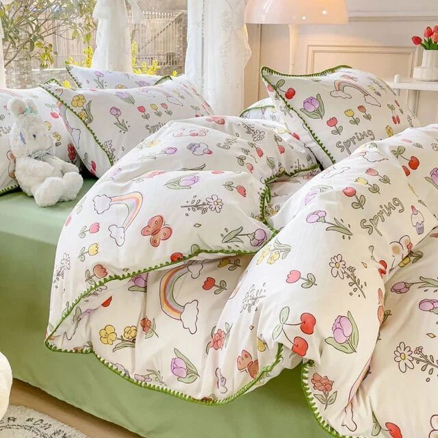 Pastoral Girls Flower Bedding Sets Washed Cotton Bed Linens Soft Quilt Cover Sheet Set Simple Bedspread Home Textiles