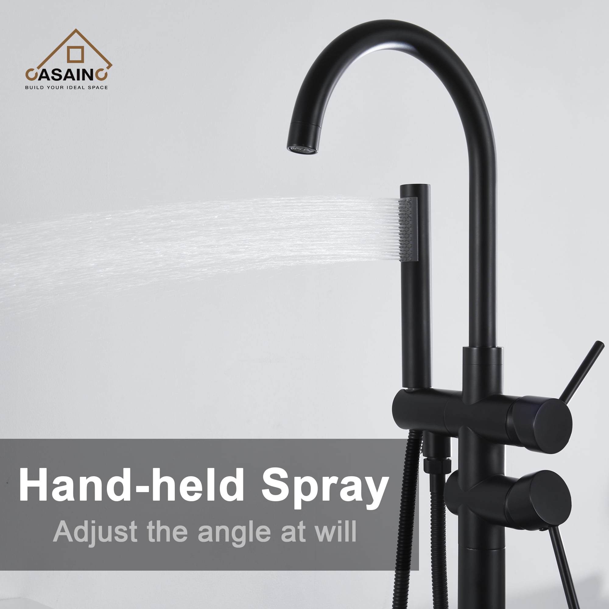 CASAINC 2-Handle Residentail Freestanding Bathtub Faucet with Hand Shower, Matte Black