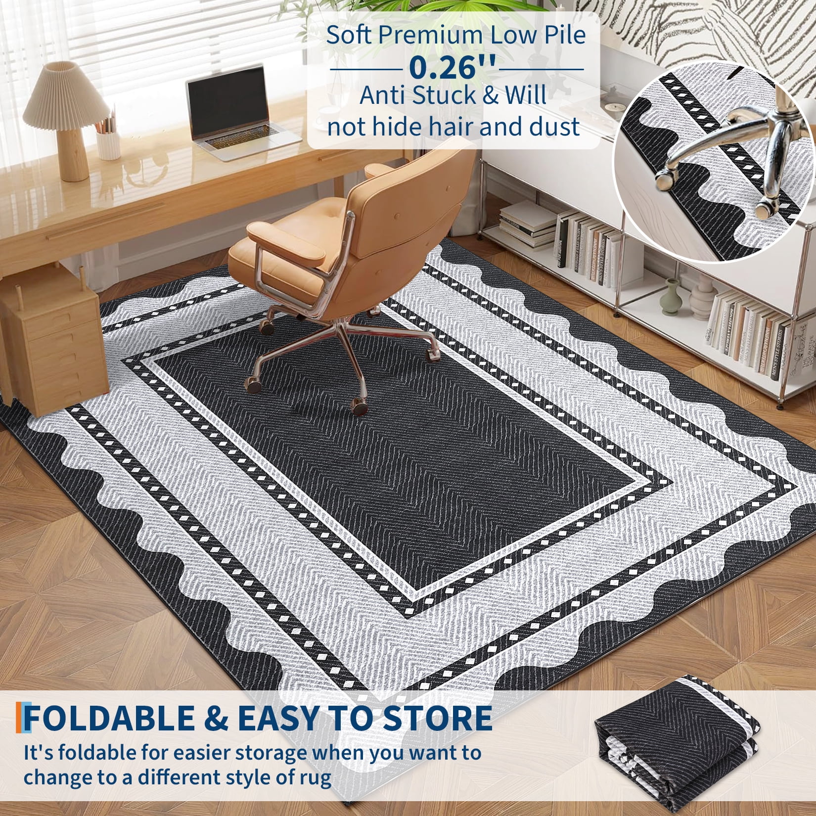 HIWEAVER Black 10' x 13' Washable Scalloped Bordered Pattern Area Rug for Living Room Indoor Throw Carpet ​Modern Non-Slip Foldable Floor Cover for Dorm Home Decor