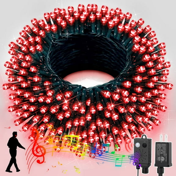 Music Red String Lights with Motion Sensor Controller,100 LED Christmas Decoration Light, Flashing Waterproof for Indoor Outdoor Christmas Tree Party Yard