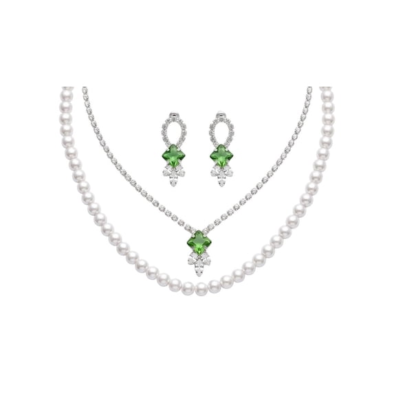 RK Art Jewelry - - Pearl & Green Crystal Necklace Set with Matching Earrings for Women | Elegant Party & Bridal Jewelry