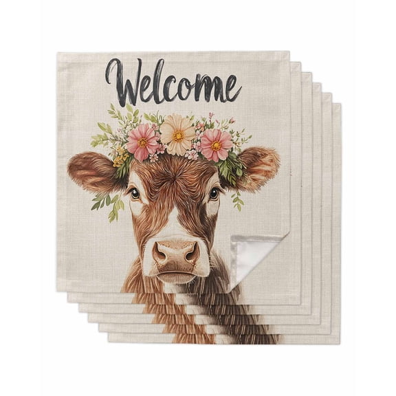 nqOlkjepod Cow Flower Garland Cloth Napkins Set of 6 Reusable Dinner Napkins, Farm Animal Cottagecore Blooms Floral Cocktail Napkin Washable Table Napkins for Wedding/Party/Baby Shower 20"x20"