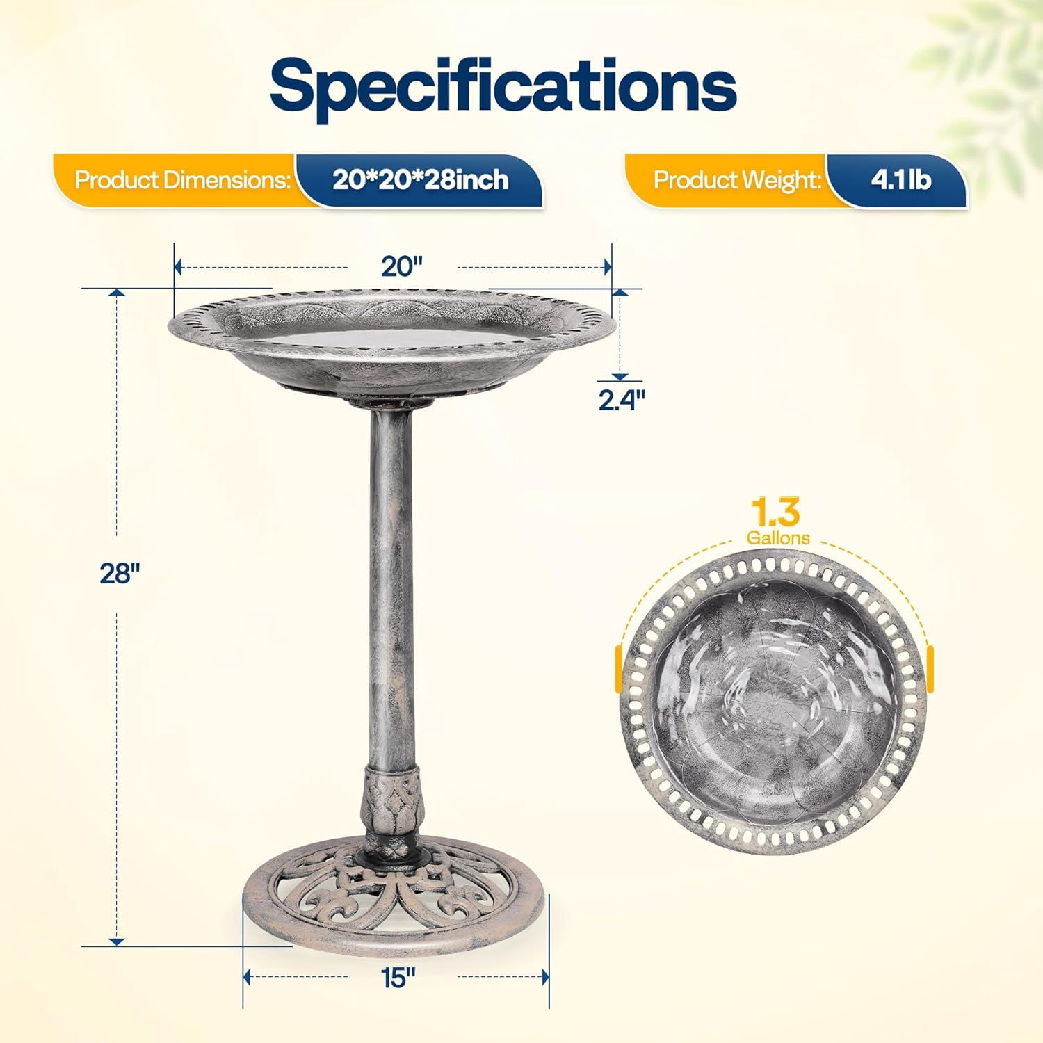 SPECSTAR Bird Bath, 28 inch Height Polyresin Lightweight Antique Outdoor Garden Birdbath Gray