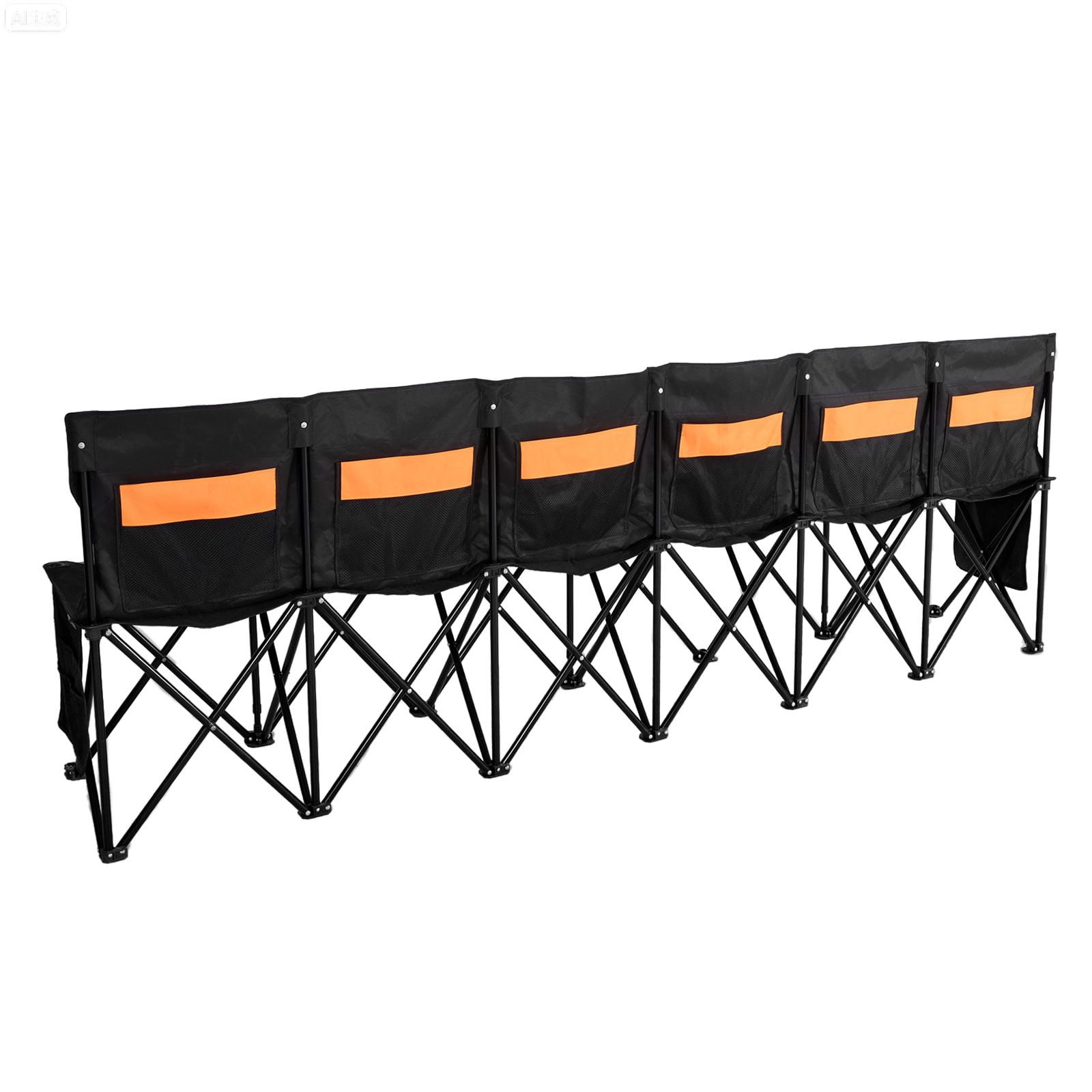 6 Person Portable Folding Sports Bench with Backrest, Multi Storage Pockets 600D Oxford Soccer Sideline Bench Φ16mm Iron Frame with Carry Bag for Football Baseball Camping Black