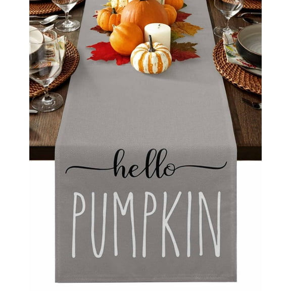 Fall Table Runner Thanksgiving Hello Pumpkin Table Runners Autumn Gray Cotton Linen Dresser Scarf Kitchen Dining Table Decor for Fall Holiday Party Decor 13x72 Inch