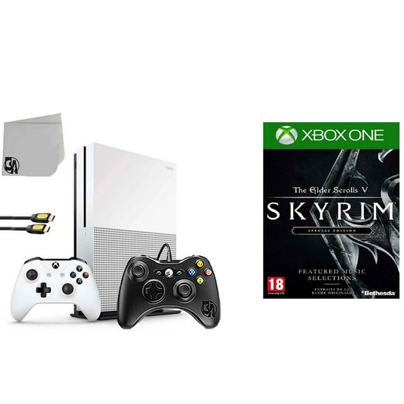 Pre-Owned Microsoft 234-00051 Xbox One S White 1TB Gaming Console with 2 Controller Included with The Elder Scrolls V- Skyrim BOLT AXTION Bundle