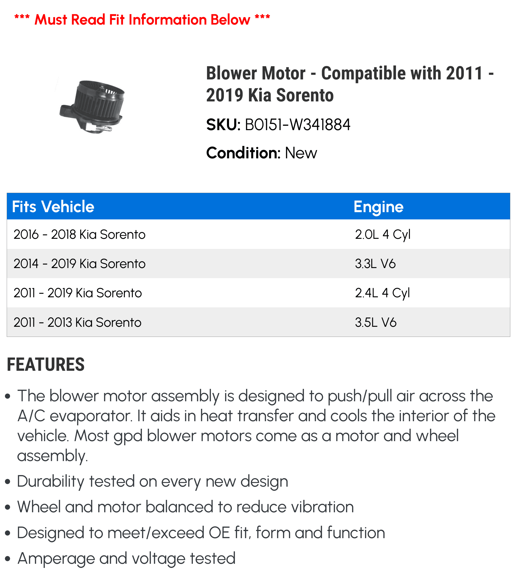 Blower Motor - Compatible with 2011 - 2019 Kia Sorento 2012 2013 2014 2015 2016 2017 2018