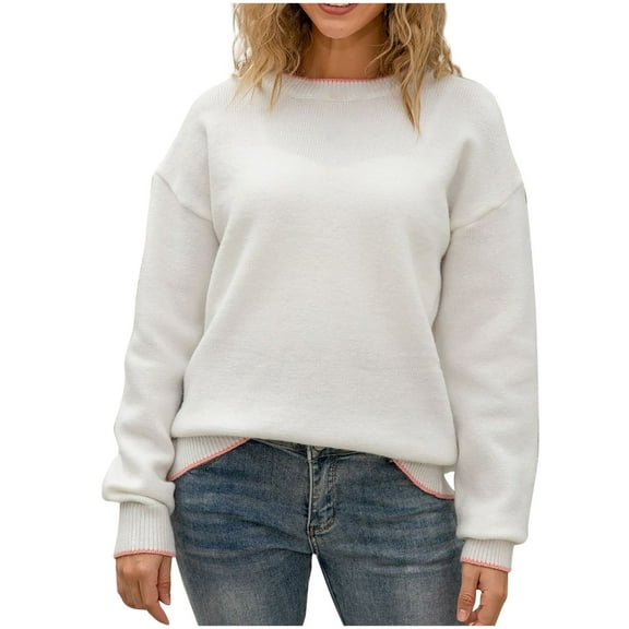 Htigea Cute Sweaters for Women Casual Crew Neck Pullover Tops Loose Fit Fall Winter Comfy Knitwear White S