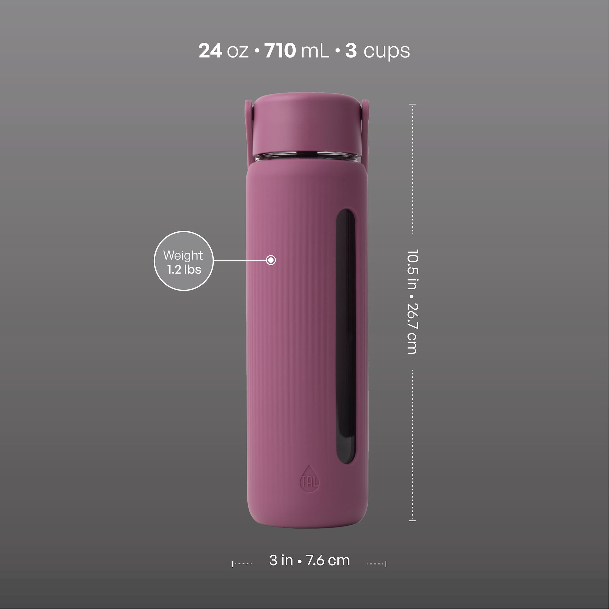 TAL 24oz Glass Willow Water Bottle with Flip-up Straw and Handle, Berry