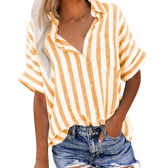 ZyeKqe Blouses for Women Striped Button down Shirts Short Sleeve Collar Casual Office Work Tops