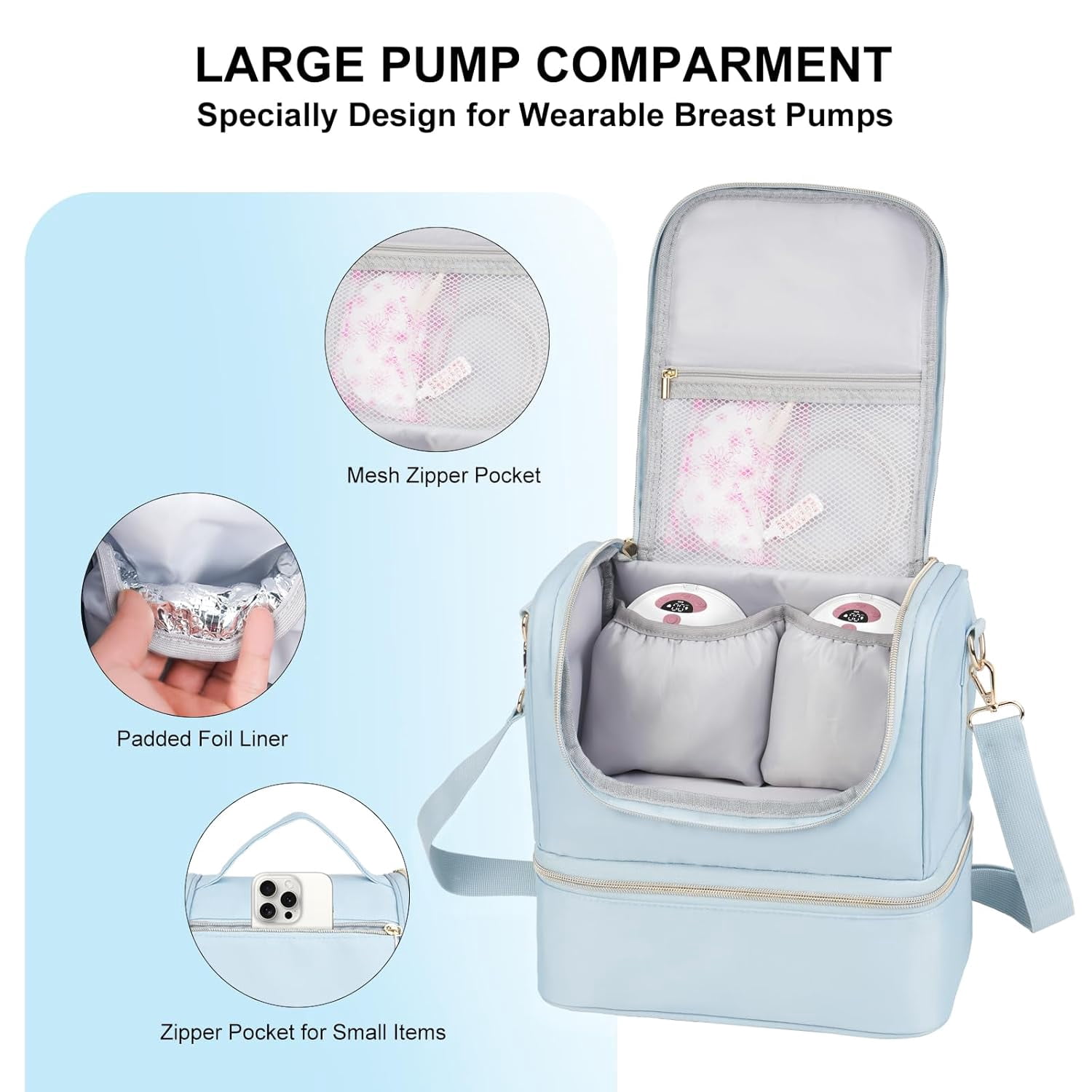 Wearable Breast Pump Bag with Cooler Compartment Fits for Willow/Eufy/Elvie/Momcozy M5/S12 Pro/Medela, Breast Milk Travel Tote Bag with Ice Pack & Waterproof Mat,Blue