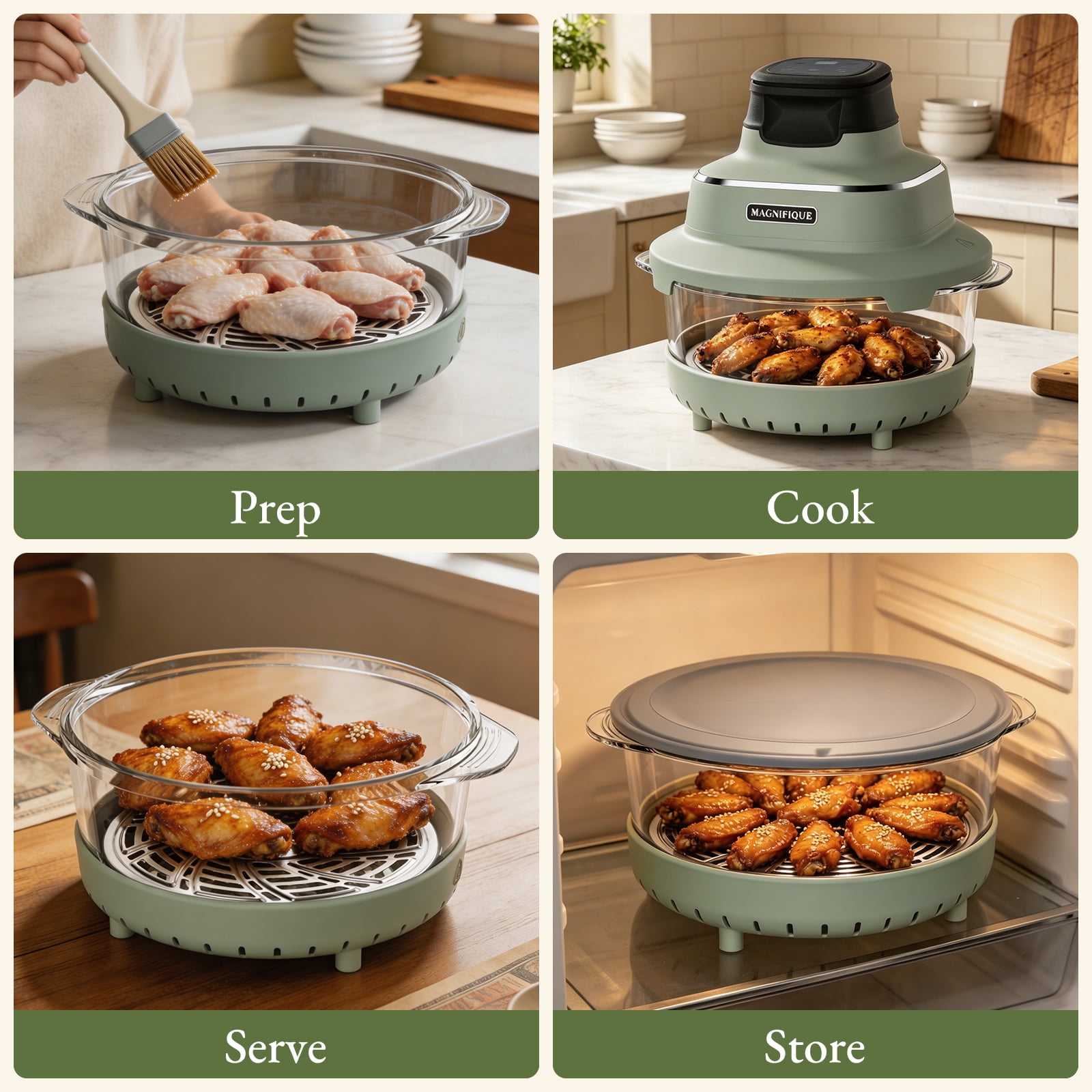 MAGNIFIQUE Olive Color Air Fryer with Two Replaceable Glass Pots, 4.5QT & 2.5QT, Air Crisper with Air Fry, Bake, Re-Crisp & MaxCrisp Settings