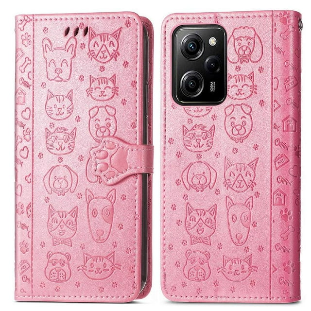 Funda Cartera FOXDOCK para XIAOMI POCO X5 Pro , Flip PU con Relieve de Gatos y Perros, Tarjetero y Soporte