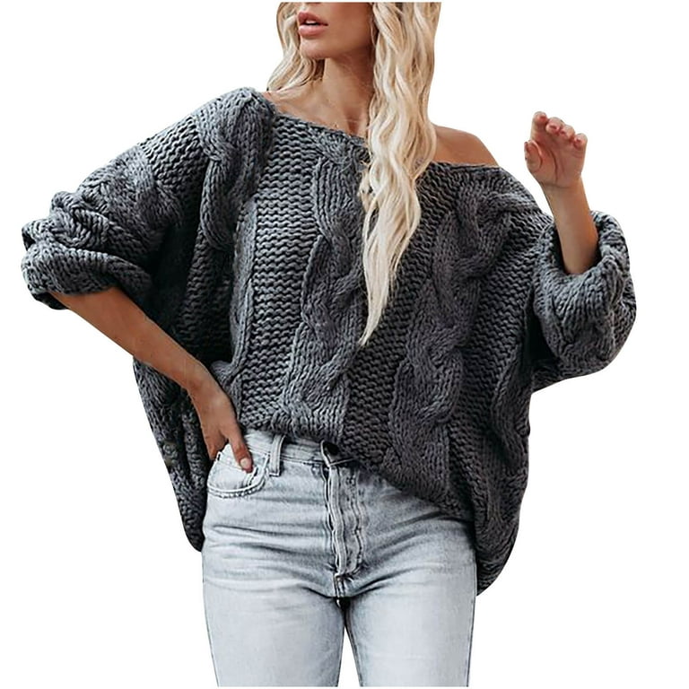 Hfyihgf Womens Oversized Sweater Long Sleeve Sexy Off Shoulder Pullover  Sweaters Batwing Sleeve Cable Knit Slouchy Tops(Gray,M)
