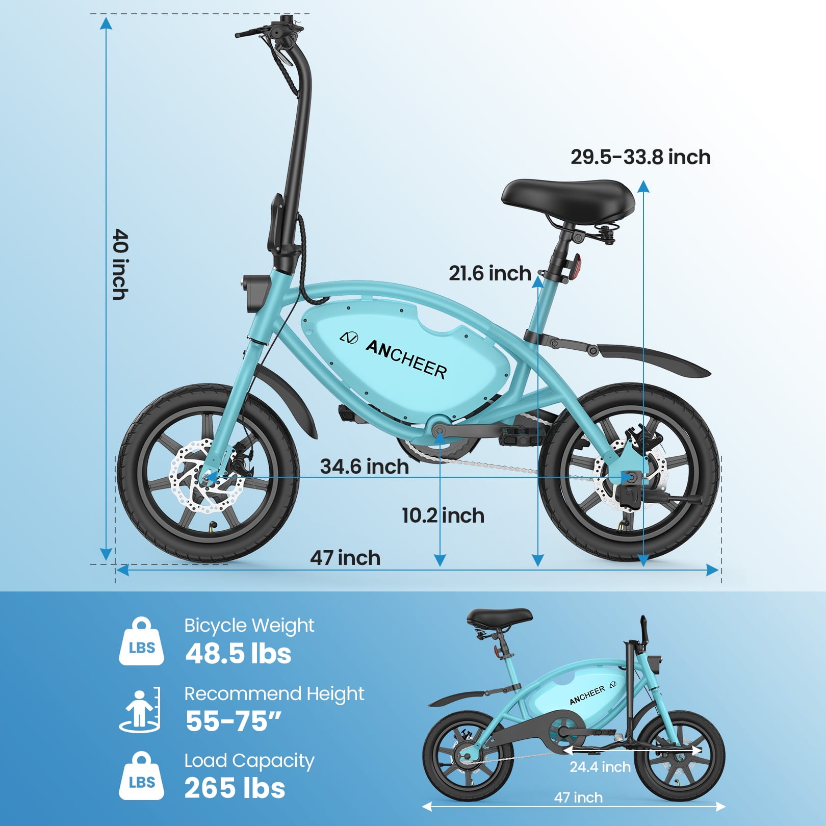 ANCHEER 14" Foldable Electric Bike for Adults, Peak 500W Electric Bicycles, 48V 374Wh City Commuter Cruiser Ebikes, 20MPH Compact Electric Mini Bike for Teens, LED Display, UL 2849