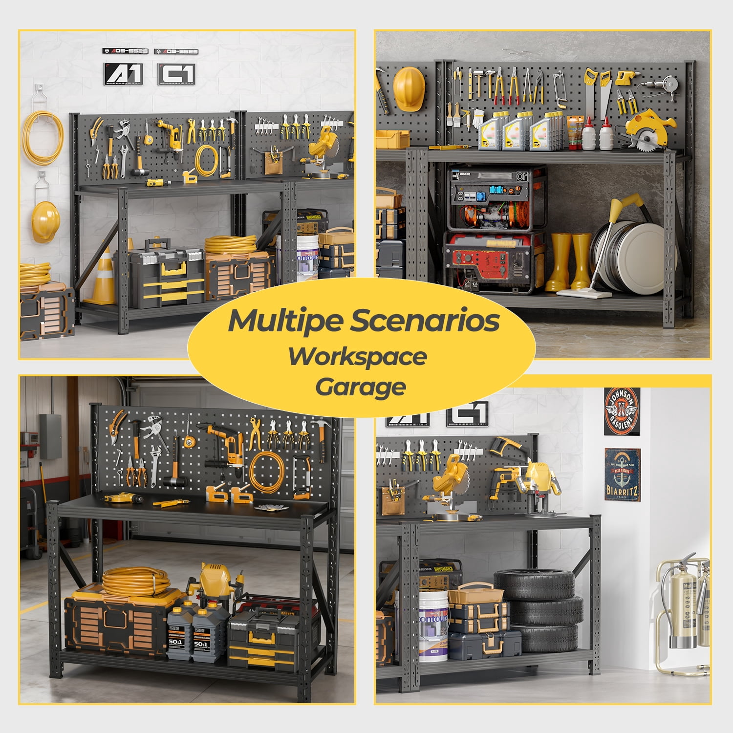 Mintazer Metal Storage Shelves with Pegboard and Wheels, 47"W Heavy Duty Garage Storage Rack with Adjustable Shelves for Home Office Kitchen Warehouse Factory, Black